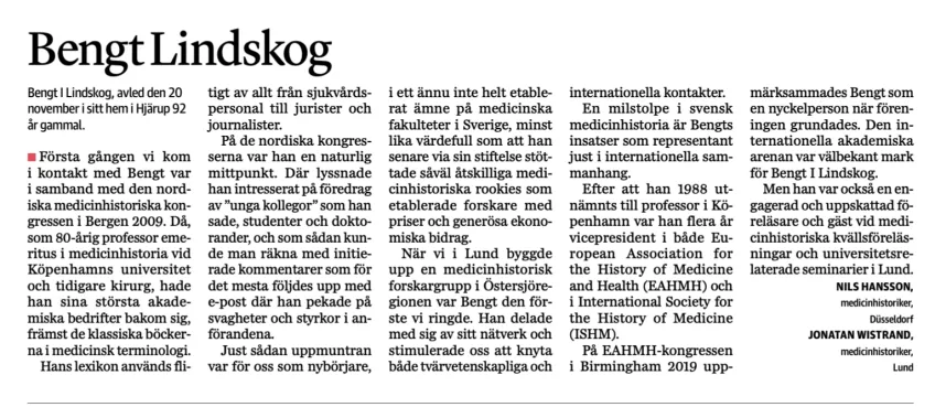 Tidningsurklipp - minnesord över Bengt Lindskog 