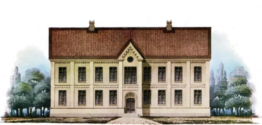 Ritning från 1851 föreställande anatomiska institutionen vid Sandgatan i Lund