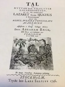Titelbladet till archiater Abraham Bäcks presidietal i Kongliga Svenska Vetenskaps Academien 1746.
