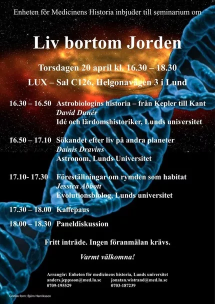 Affisch för seminarie: Liv bortom Jorden