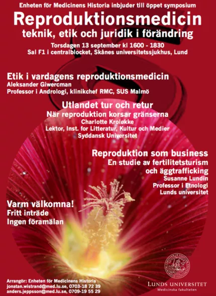 Affisch för seminarie: Reproduktionsmedicin – teknik, etik och juridik i förändring