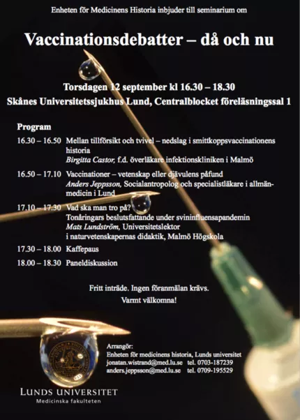 Affisch för seminarie: Vaccinationsdebatter – då och nu